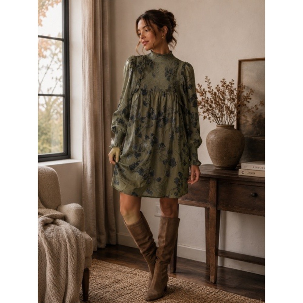 Long Sleeve Olive Green Metallic Floral Smocked Mini Dress Pockets Small